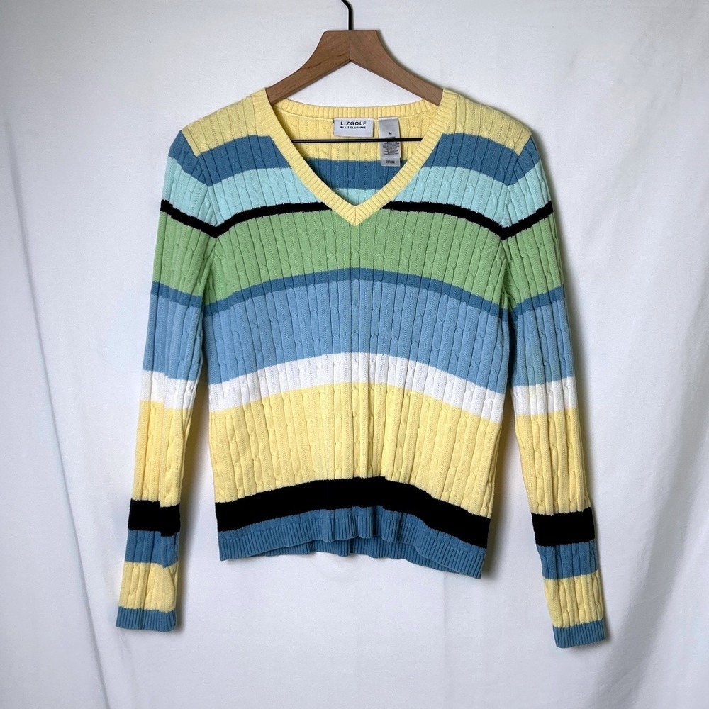 Lizgolf Womens V-Neck Cable Knit Striped Sweater Size M Multicolor Preppy Sporty